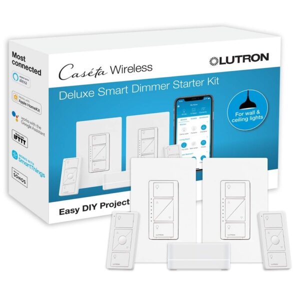 Lutron Caseta Smart Lighting Starter Kit w/ Hub, 2 Original Dimmer Switches, 2 Pico Remotes, & More, for LED Bulbs, Works w/ Alexa, Apple Homekit, Google Home, 150W Single-Pole/3-Way, P-BDG-PKG2W-A
