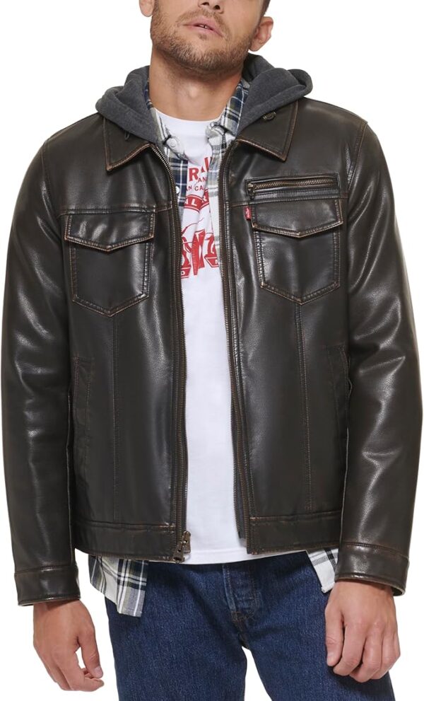 Levi's Men's Faux Leather Hooded Trucker Jacket with Sherpa Lining